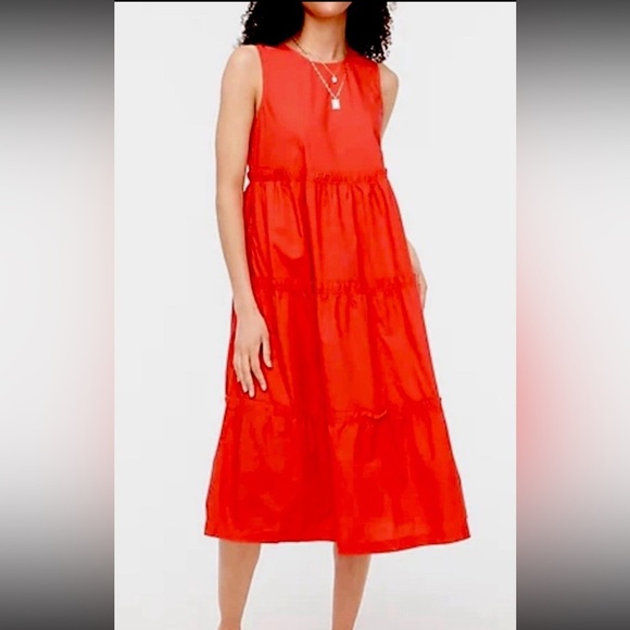J. Crew Factory Midi Dress Sleeveless Tiered Cotton Blend Coral Size 10 - Picture 1 of 14